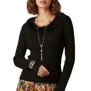 NWT Togo Black Ribbed Faux Fur Collar Long Sleeve Pullover Knit Top Extra Large